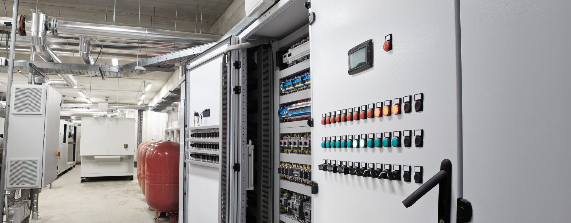 Electrical panel cabinet for HVAC system control, managing heating, ventilation, air conditioning, and cooling. Climate control system, including the boiler room, ensures comfort of the rooms building