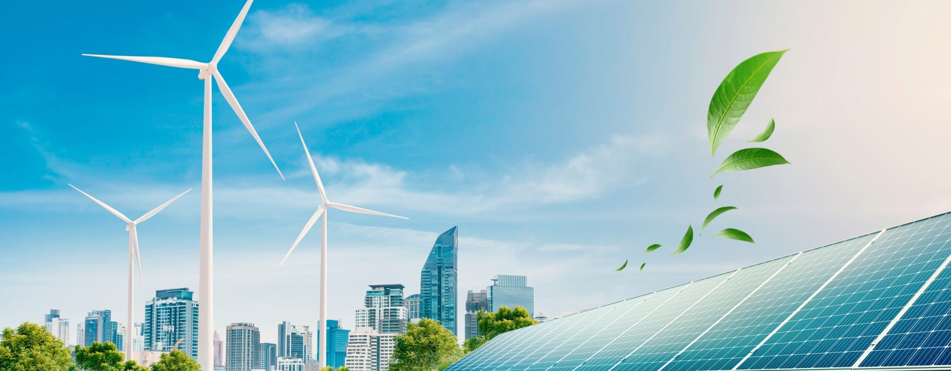 clean energy for transportation. wind turbine and solar panel.green leaf blowing in sky.renewable energy to businesses, people, and smart city .new generation of power.clean and environmental friendly